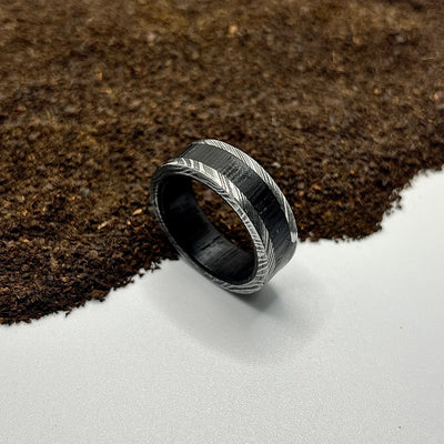 Black Damascus Ring with Whiskey Barrel Lining | Handmade Minimalist Band - RustyStudioUSA