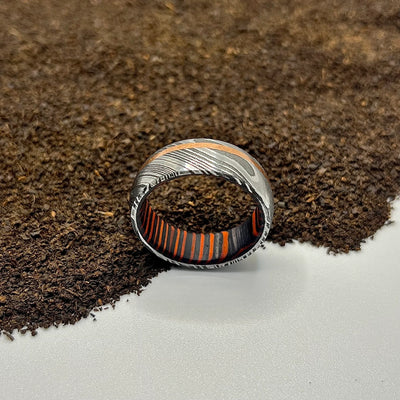 Black Damascus Steel Ring | Gold Wood Sleeve | Rustic Minimalist Design - RustyStudioUSA