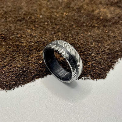 Brutal Hammered Damascus Ring with Polished Wood Sleeve – Artisan Crafted - RustyStudioUSA