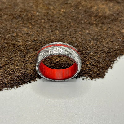 Damascus Ring Lined with Red Wood Sleeve - RustyStudioUSA