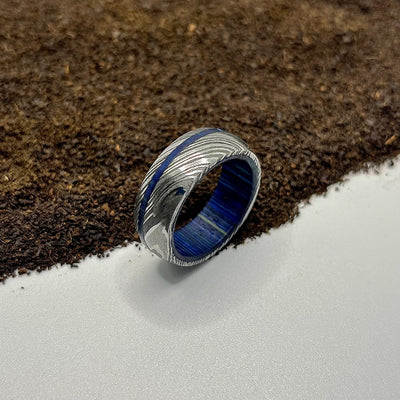 Damascus Ring Lined with Royal Blue Wood Sleeve - RustyStudioUSA