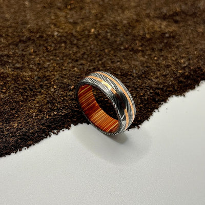 Damascus Ring Lined with Two Wiskey Barrel Wood Sleeves - RustyStudioUSA