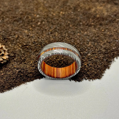 Damascus Ring Lined with Whiskey Barrel Steel Wood - RustyStudioUSA