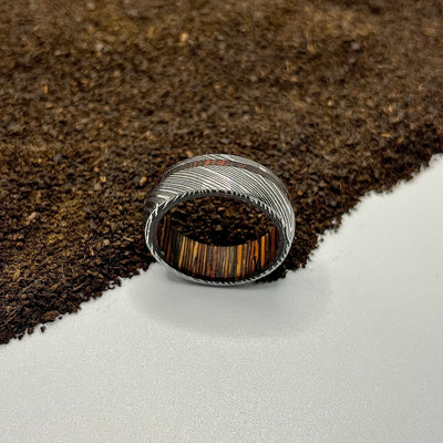 Damascus Ring Lined with Whiskey Barrel Wood - RustyStudioUSA