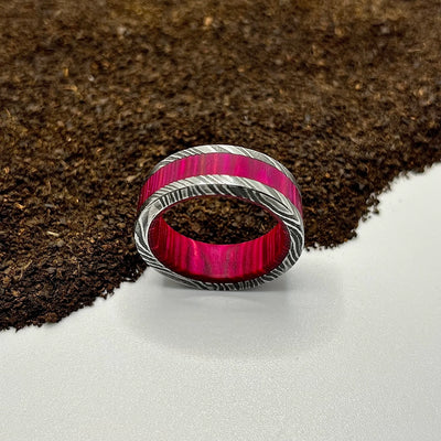 Damascus Ring Lined with Wide Pinkish Wood Sleeve - RustyStudioUSA