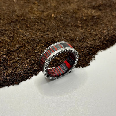 Damascus Ring Lined with Wide R&B Wood Sleeve - RustyStudioUSA