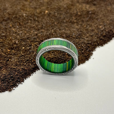 Damascus Steel Ring Lined with Green Bentwood Sleeve - RustyStudioUSA