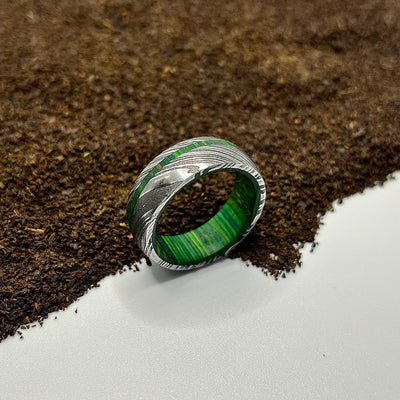 Damascus Steel Ring Lined with Greenish Wood Sleeve - RustyStudioUSA