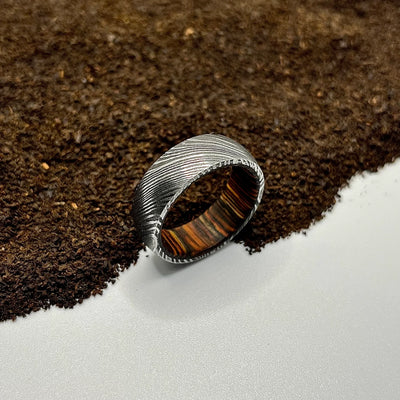 Damascus Steel Ring Lined With Ironwood Sleeve - RustyStudioUSA