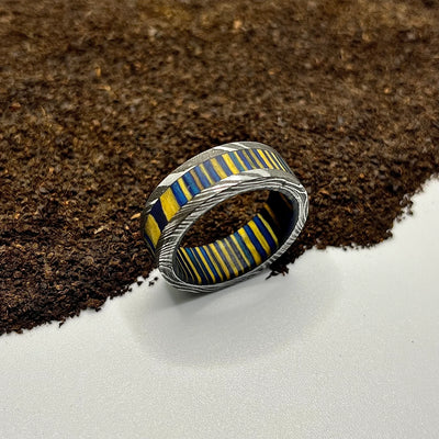 Damascus Steel Ring Lined with Multi Wood Sleeve - RustyStudioUSA