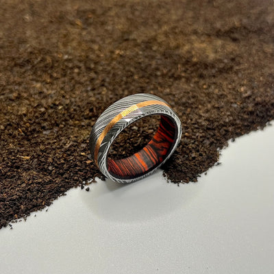 Damascus Steel Ring Lined with Rose Gold Wood Sleeve - RustyStudioUSA