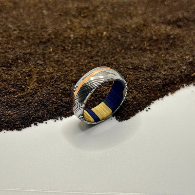Damascus Steel Ring Lined with Rose Wood Sleeve - RustyStudioUSA