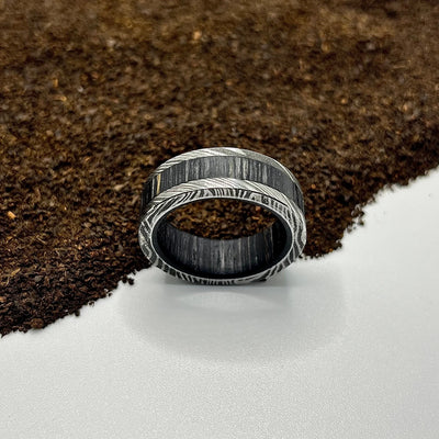Damascus Steel Ring Lined with Wide Black Wood Sleeve - RustyStudioUSA