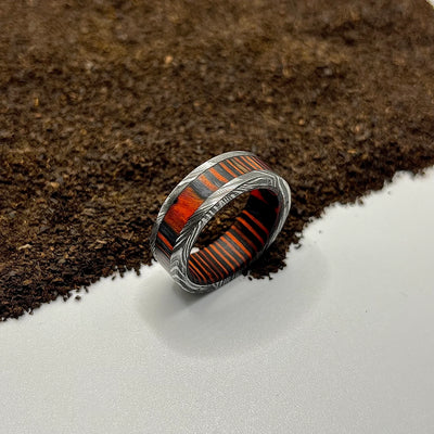 Damascus Steel Ring Lined with Wide R&B Wood Sleeve - RustyStudioUSA