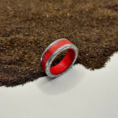 Damascus Steel Ring Lined with Wide Red Wood Sleeve - RustyStudioUSA