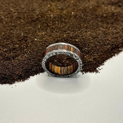 Damascus Steel Ring Lined with Wide Wood Sleeve - RustyStudioUSA