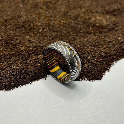 Handmade Damascus Steel Ring with Hardwood Sleeve | Durable, Minimalist Design | Customizable, Unique, and Eco-Friendly - RustyStudioUSA