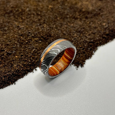 Damascus Steel Ring Lined with Wood Sleeve - RustyStudioUSA
