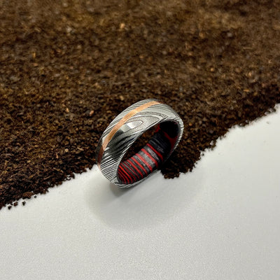 Damascus Steel Ring with Hardwood Sleeve – Handmade, Rustic Hammered Finish, Unique Minimalist Design - RustyStudioUSA