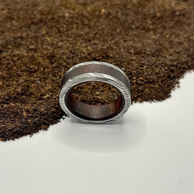 Damascus Steel & Walnut Wood Inlay Engagement Ring - RustyStudioUSA