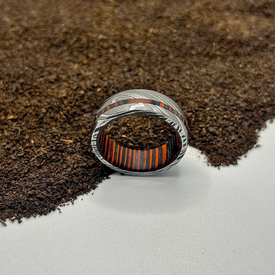 Damascus Steel & Whiskey Barrel Wood Inlay Wedding Ring - RustyStudioUSA