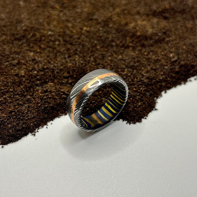 Handcrafted Black Damascus Ring with Gold Wood Sleeve – Minimalist & Durable - RustyStudioUSA