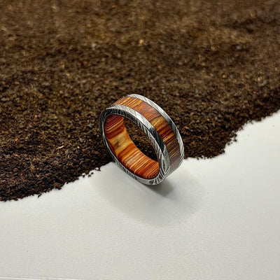 Handmade Black Damascus Steel Ring with Hardwood Sleeve | Unique Rustic Design - RustyStudioUSA