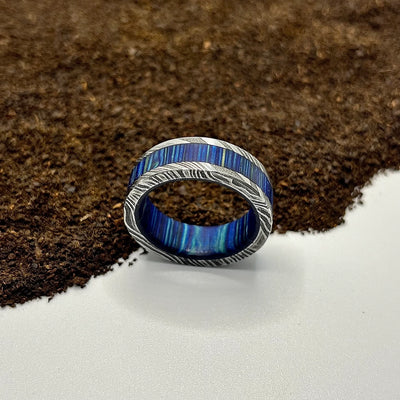 Royal Aquatic Damascus Steel Ring Lined with Wide Wood Sleeve - RustyStudioUSA