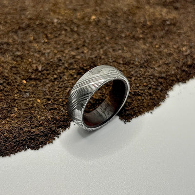 Rustic Damascus Steel Ring with Hardwood Sleeve | Handmade Minimalist Design - RustyStudioUSA