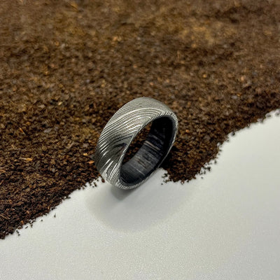Rustic Hammered Damascus Steel Ring with Hardwood Inlay - RustyStudioUSA