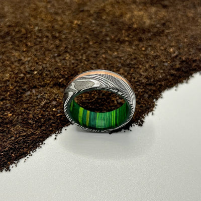 Twisted Damascus Steel Ring Lined with Rosewood Sleve - RustyStudioUSA