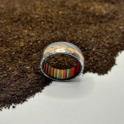 Unique Damascus Steel Ring Lined with Gold and Multi Wood Accent Sleeve - RustyStudioUSA