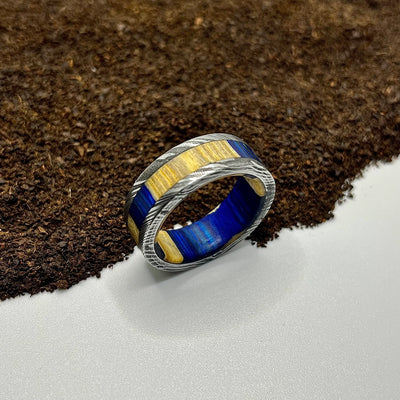 Damascus Steel Ring Lined with Wide Wood Sleeve - RustyStudioUSA