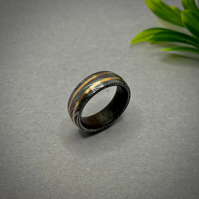Damascus Ring, Damasteel Damascus ring with Copper Inlay- Dense Twist Pattern - Damascus Steel Wedding Band - Damasteel Ring, Wooden Ring - RustyStudioUSA