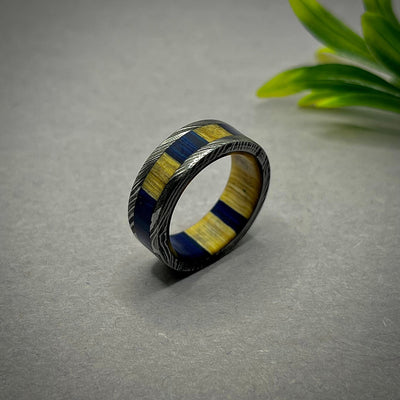 Damascus Ring with Whiskey Barrel Wood Inlay Mens Ring - Damascus Steel Ring Mens Wedding Band Whiskey Barrel Ring - Unique Mens Wood Ring - RustyStudioUSA