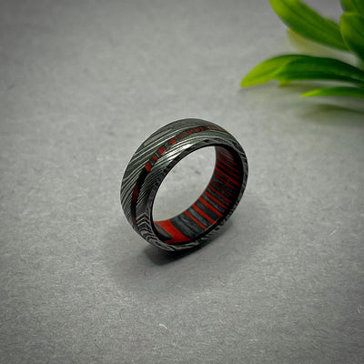 Damascus Steel Box Elder Wood Mens Wedding Band, Twist Damascus Steel, Mens Ring, Steel Band, Comfort Fit Wooden Ring, RingManiaUSA - RustyStudioUSA