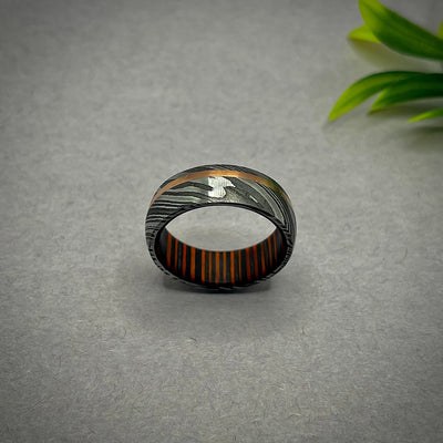 Damascus Steel Ring Band, Wood inner, Handmade Ring, Ring Men Wedding Ring, Men Engagement Ring, Faceted Hammered Ring, Anniversary Gift - RustyStudioUSA