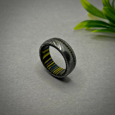 Damascus Steel Ring Band, Wood inner, Handmade Ring, Ring Men Wedding Ring, Men Engagement Ring, Faceted Wood Ring, Anniversary Gift - RustyStudioUSA