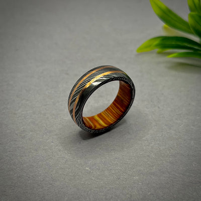Damascus Steel Ring For Men Whiskey Barrel Wood Ring Men Wedding Band Damascus Copper Ring For Women Wood ring Wedding Band Mens Wooden Ring - RustyStudioUSA
