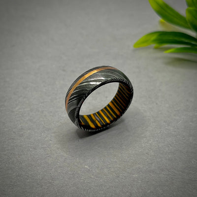 Damascus Steel Ring With Fire Wood Sleeve, Damascus Ring, Mens Wedding Band, Mens Wood Ring, Wood Wedding Ring, Wooden Ring - RustyStudioUSA