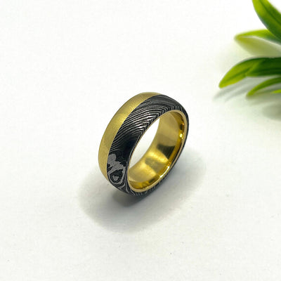 Damascus Steel Ring -Yellow Gold Mens Wedding Ring Damascus Engagement Ring- Mens Wedding Band- Damascus Gold Ring Men -Mens Gold Ring-Spart - RustyStudioUSA