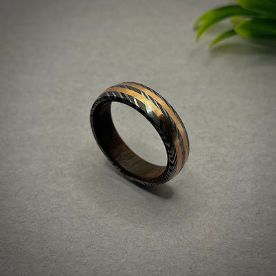 Damascus Steel Whiskey Barrel Ring Inlayed With Copper Wood Damascus Steel Ring Man Ring Wood Inlay Ring Man Wedding Ring Engagement Ring - RustyStudioUSA