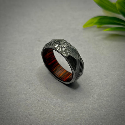 Mens Damascus Steel Hammered Ring, Mens Wedding Brutal Band, Best Jewelry Valentines Gift for Him Husband Father Son Anniversary Wooden Band - RustyStudioUSA