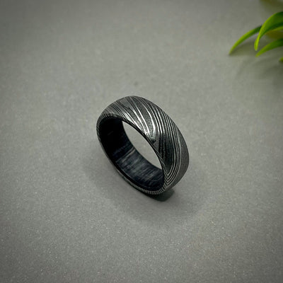 Mens Wedding Band Damascus Steel, Damascus Steel Mens Ring, Whiskey Barrel Ring, Damascus Wood Ring with Whiskey Barrel Sleeve, Valentines - RustyStudioUSA