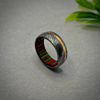 Mens Wedding Band Damascus Steel & Exotic Red Wood Sleeve Design, Mens Wedding Band, Anniversary Ring For Men, Mens Ring - RustyStudioUSA