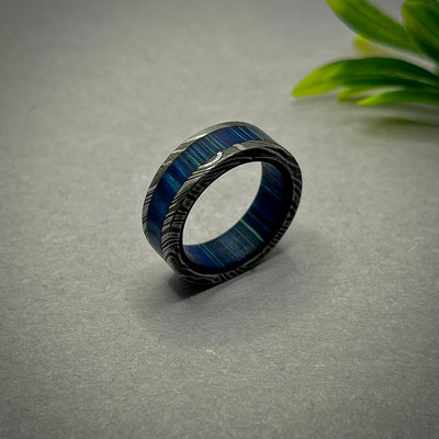 Mens Wedding Band Damascus Steel Ring Blue Ocean Sleeve Man Promise Ring Damascus Steel Ring Man Ring Engagement Ring Man Wedding Band - RustyStudioUSA