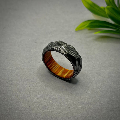Damascus Ring with Whiskey Barrel Wood Mens Ring Damascus Steel Ring Mens Wedding Band Whiskey Barrel Ring For Her Unique Mens Wooden Ring - RustyStudioUSA