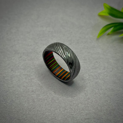 Damascus Steel Ring Band, Wood inner, Handmade Ring, Ring Men Wedding Ring, Men Engagement Ring, Faceted Hammered Ring, Anniversary Gift - RustyStudioUSA