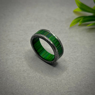 Damascus Steel Wood Ring Handmade Jewelry Mens Wedding Band Wooden Wedding Ring Gift for him Engagement Ring Anniversary Band Green Wood Men rings - RustyStudioUSA