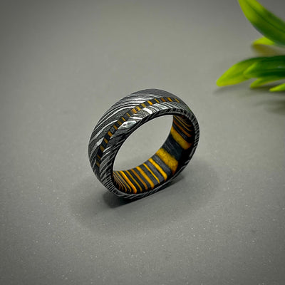 Mens Damascus Steel Ring, Mens Wedding Brutal Band, Best Jewelry Valentines Gift for Him Husband Father Son Anniversary Wooden Band - RustyStudioUSA